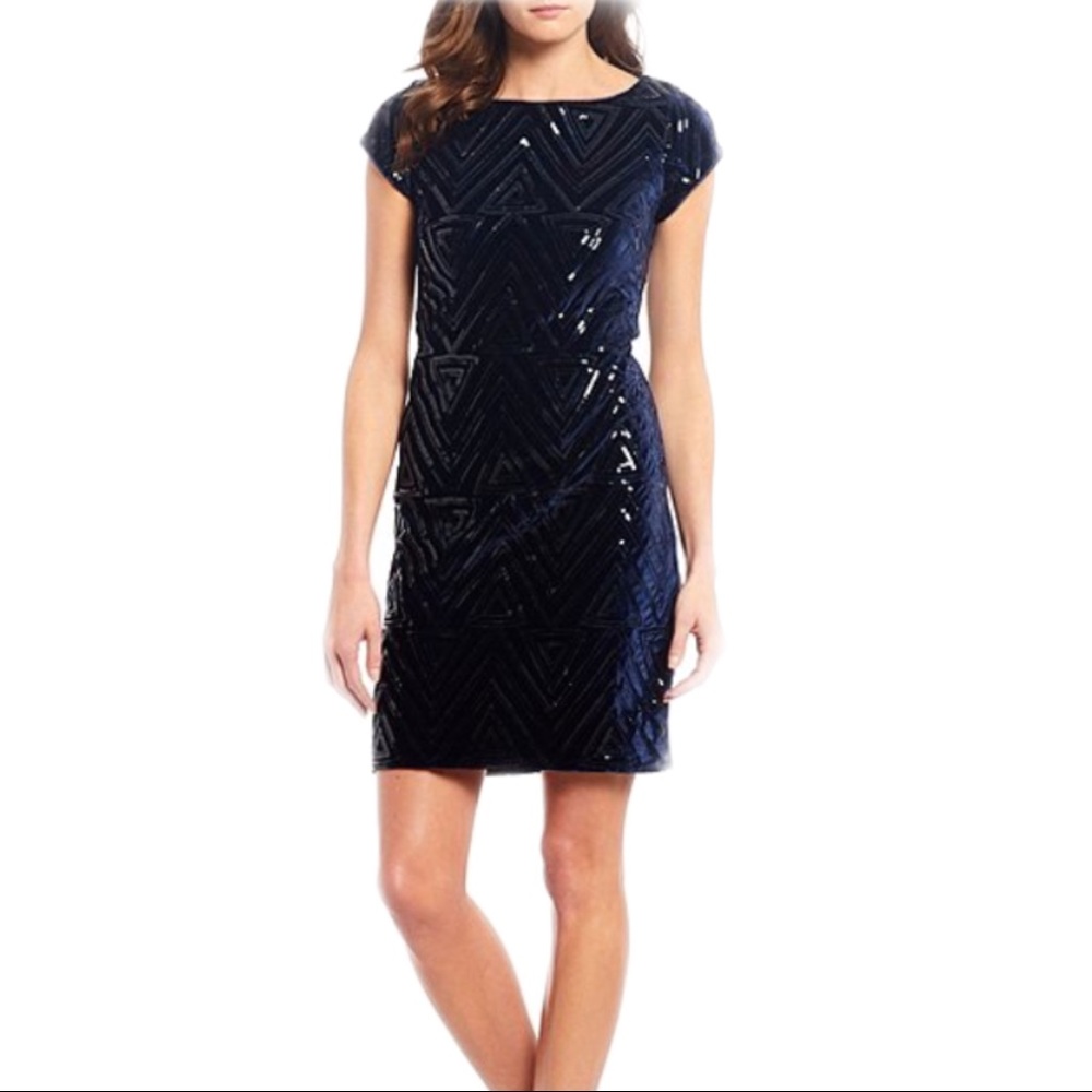 Eliza J geometric sequin velvet sheath dress